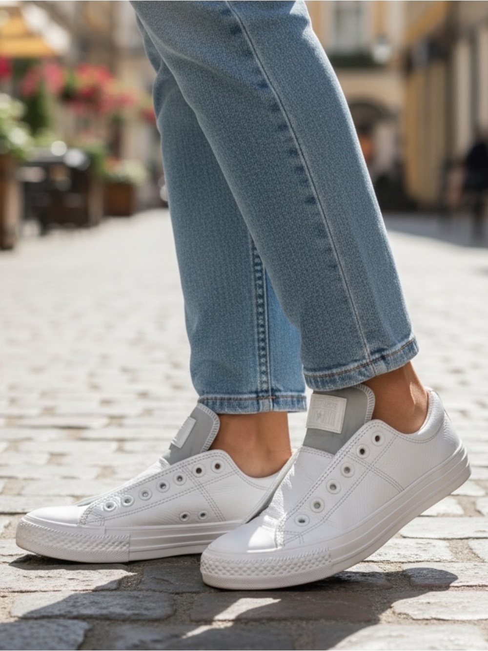 Converse Gray and White Leather Slip-On Sneakers with Reflective Tongue